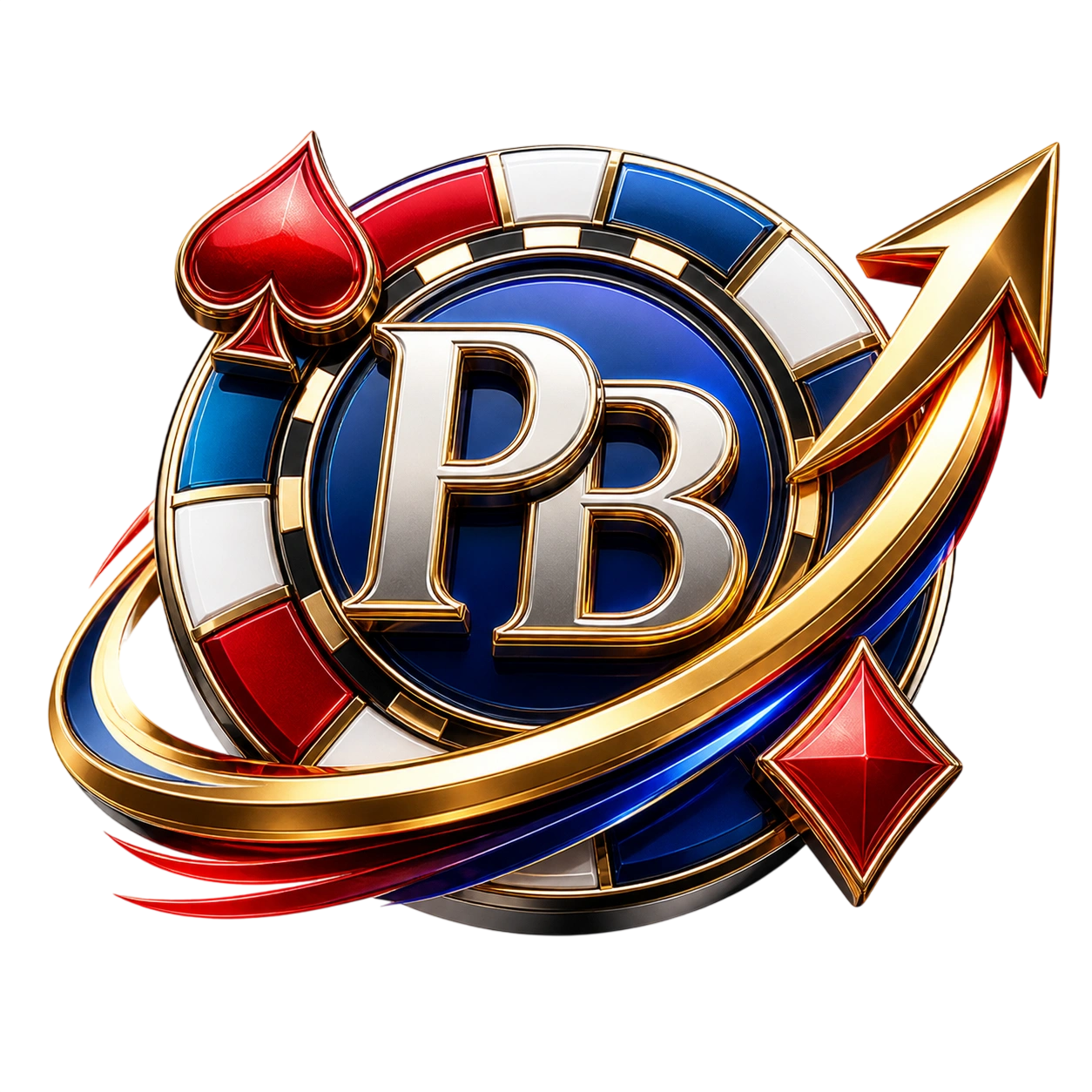 PB poker chip with gold silver letters blue center and upward arrow growth concept