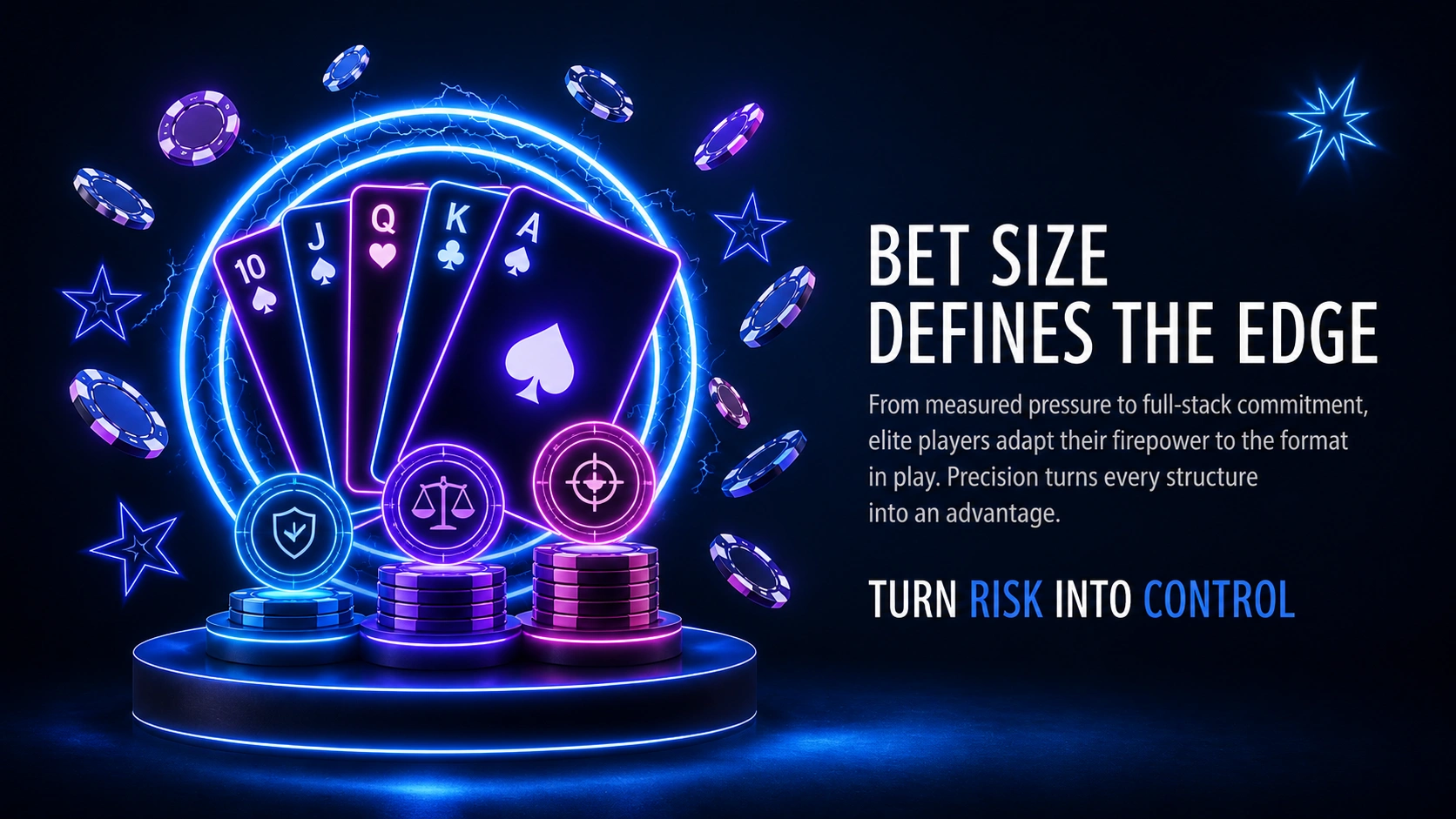 Poker hand with chips and tactical icons showing bet sizing strategy and risk control concept