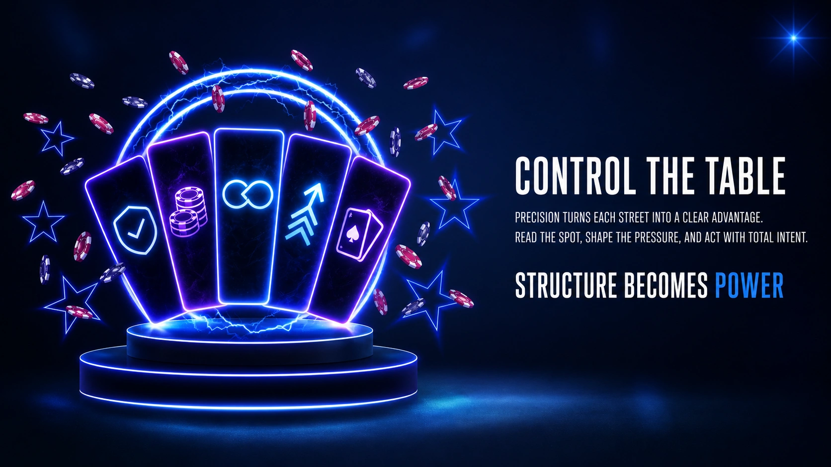 Neon poker cards with strategy icons and chips illustrating table control and structured decision making